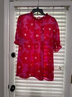 entro Pink and Red Floral Ruffle-Neck Blouse